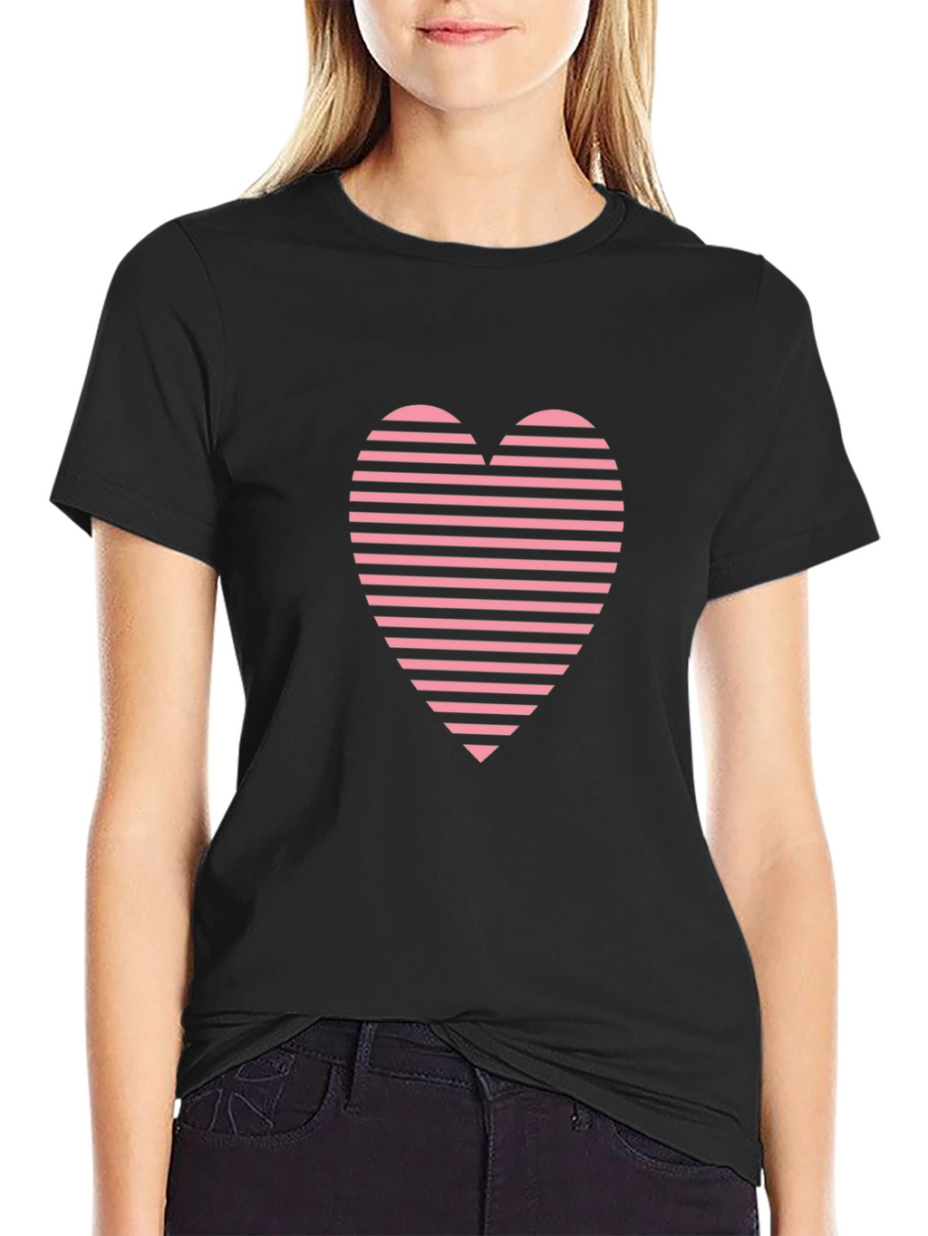 Striped Heart Graphic Tee - Casual Black T-Shirt