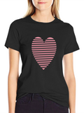 Striped Heart Graphic Tee - Casual Black T-Shirt