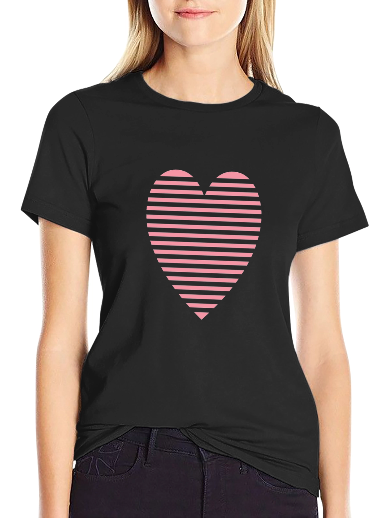 Striped Heart Graphic Tee - Casual Black T-Shirt