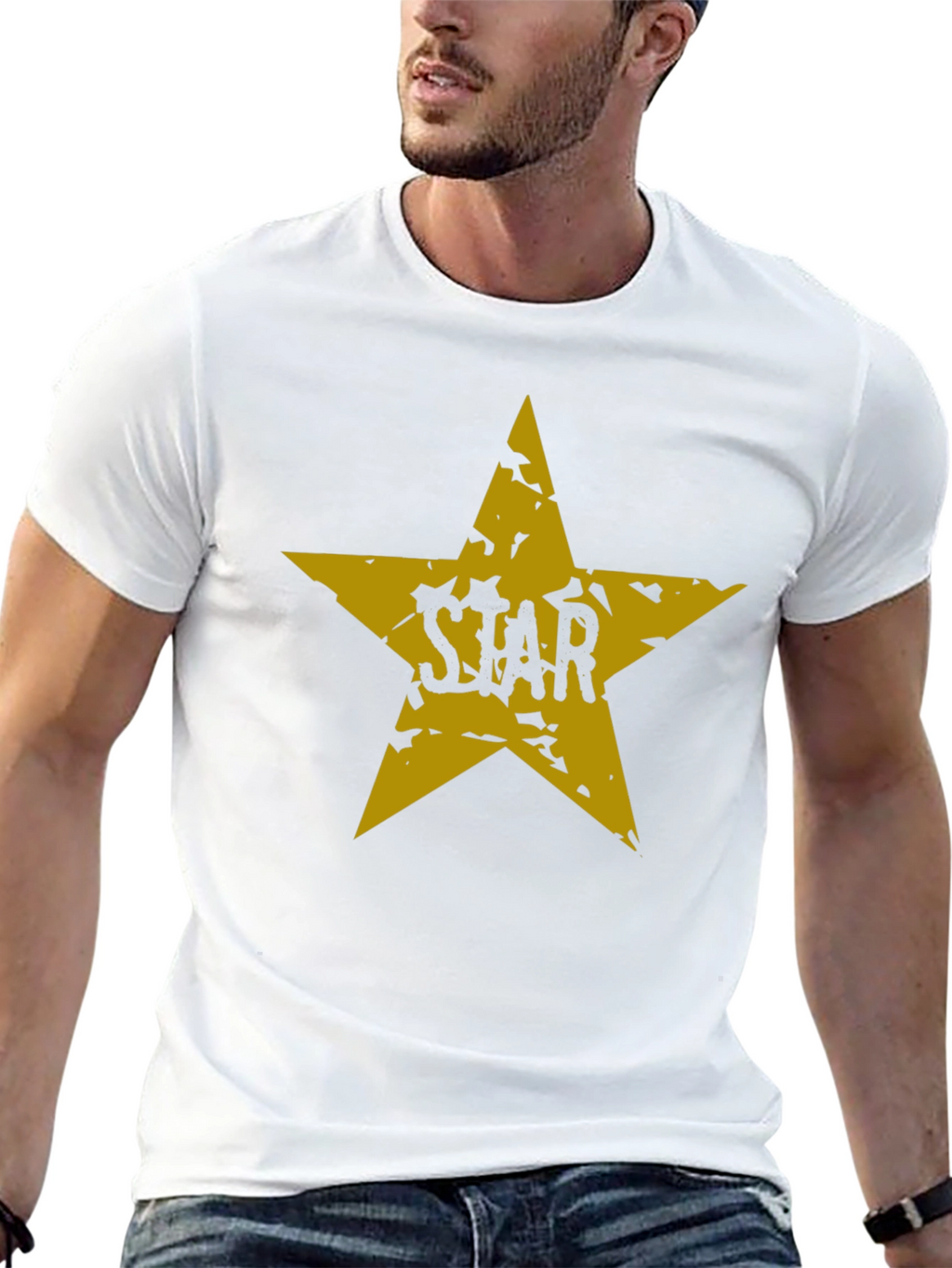 Black T-Shirt with Distressed Gold Star Graphic
