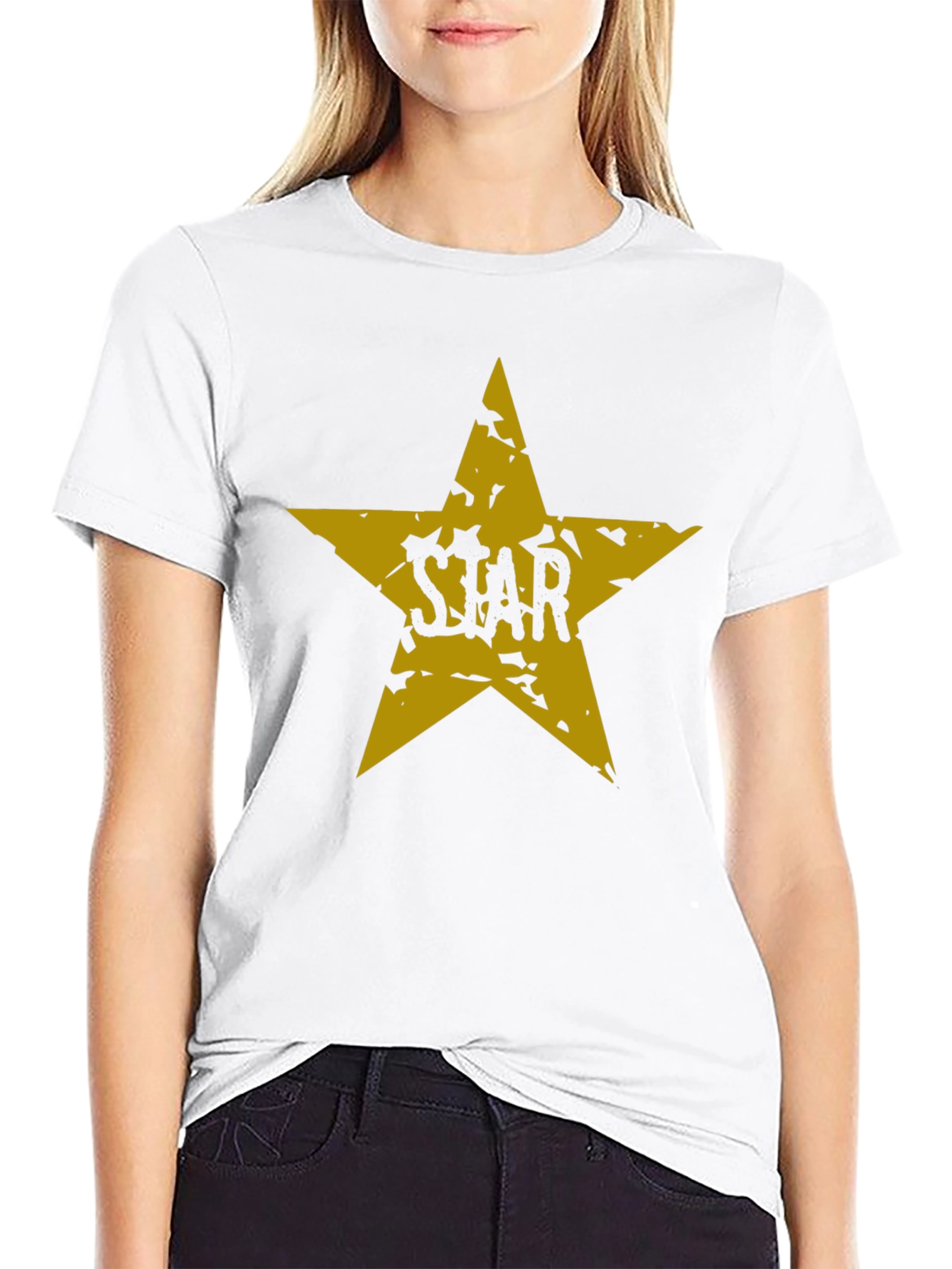 Black T-Shirt with Distressed Gold Star Graphic
