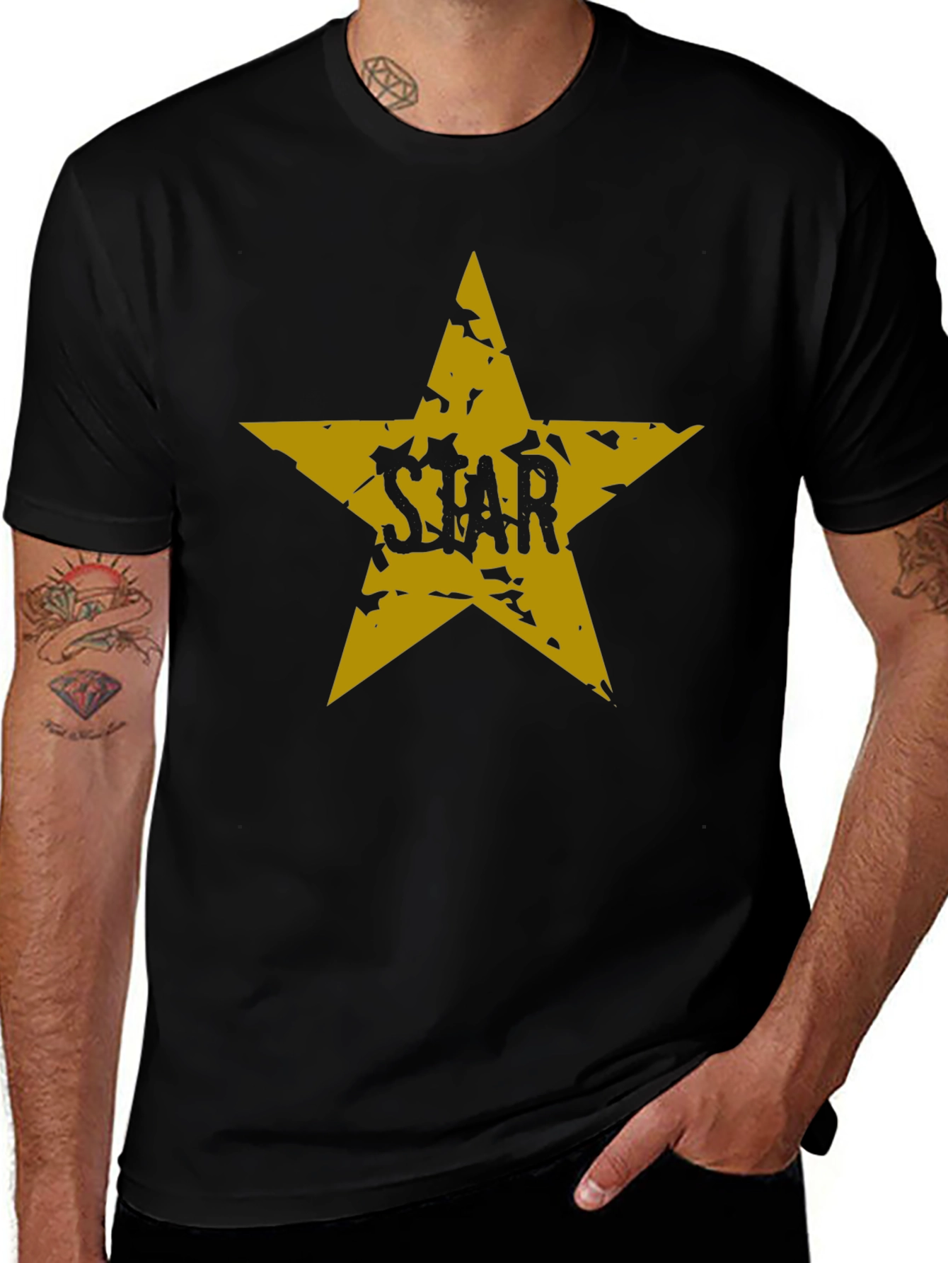 Black T-Shirt with Distressed Gold Star Graphic