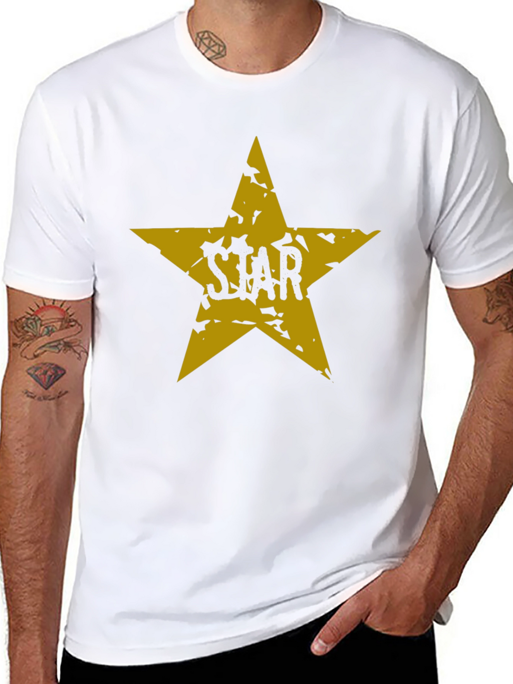 Black T-Shirt with Distressed Gold Star Graphic