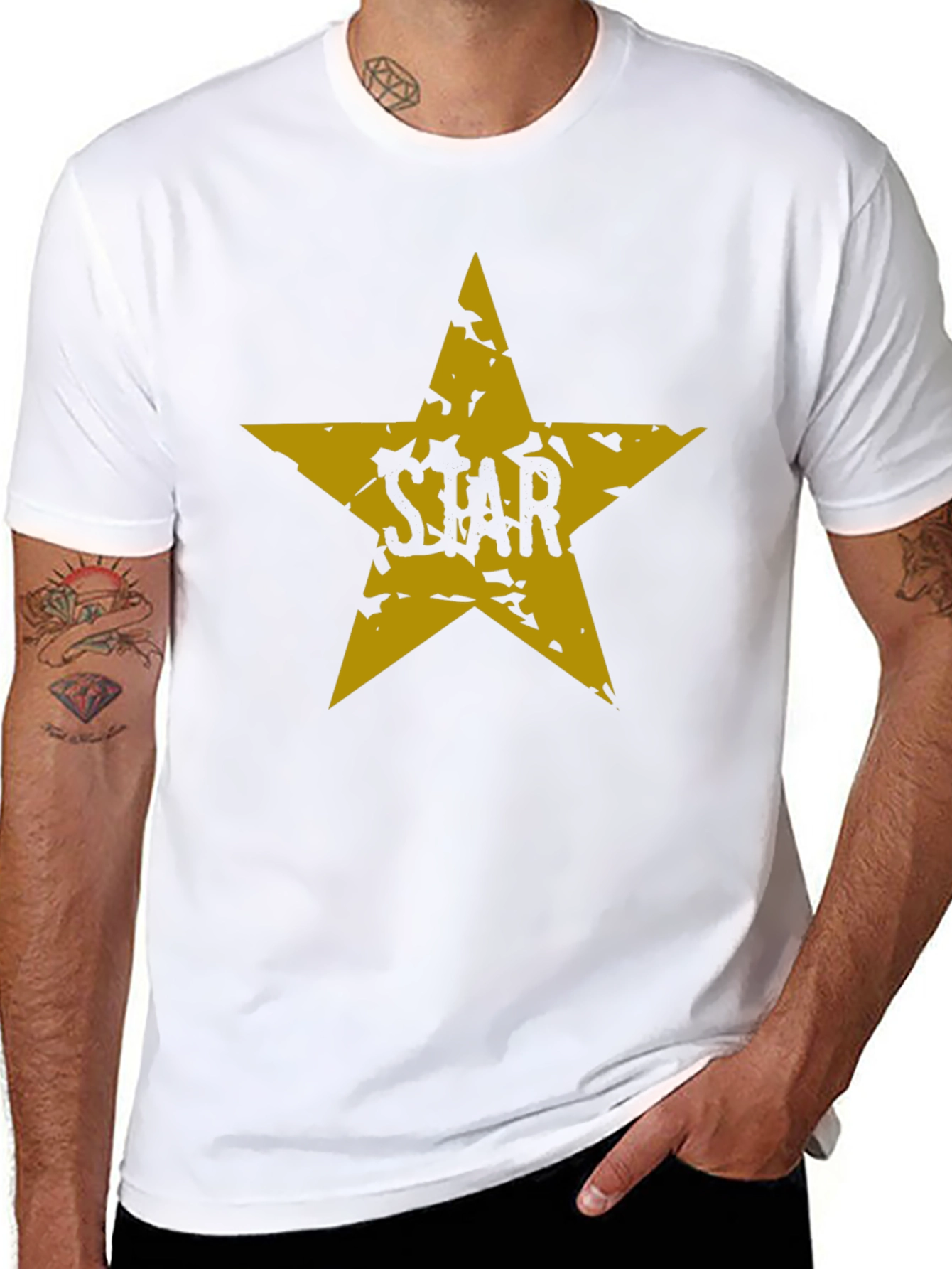 Black T-Shirt with Distressed Gold Star Graphic