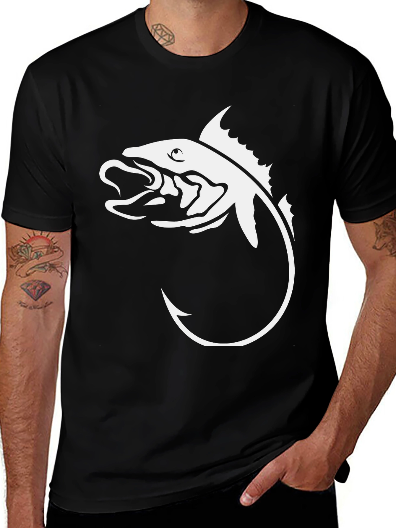 Mens Black T-Shirt with Fishing Hook Graphic