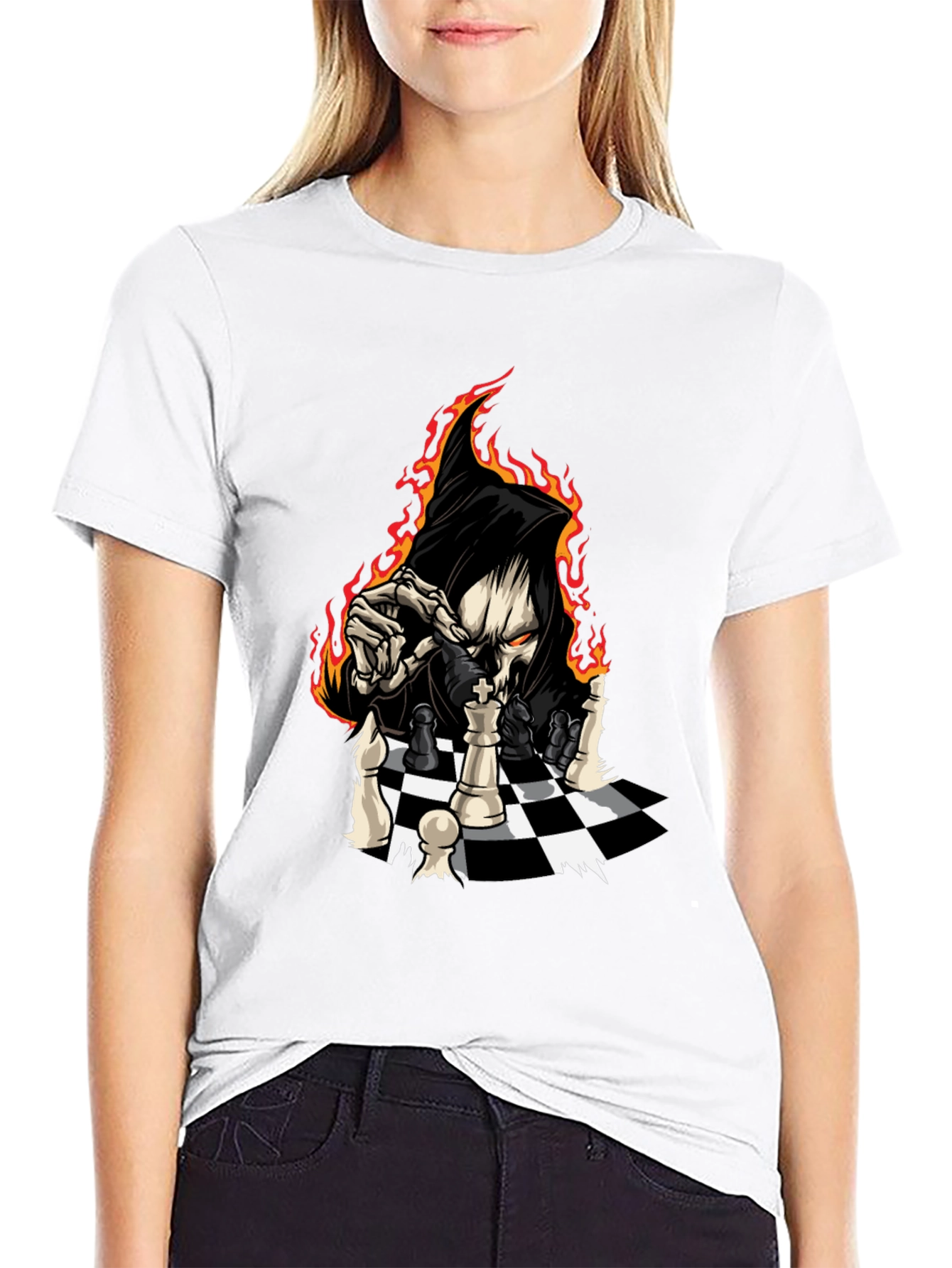 Grim Reaper Chess Graphic Tee - Black Cotton T-Shirt