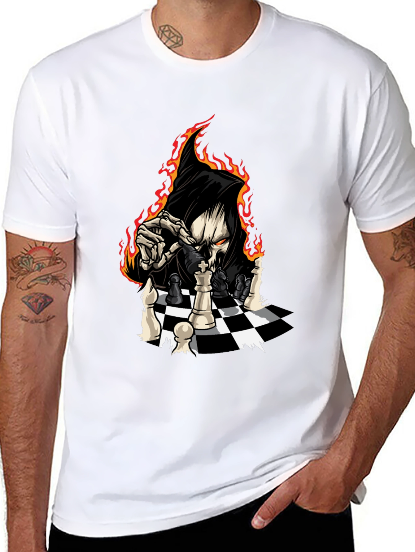 Grim Reaper Chess Graphic Tee - Black Cotton T-Shirt