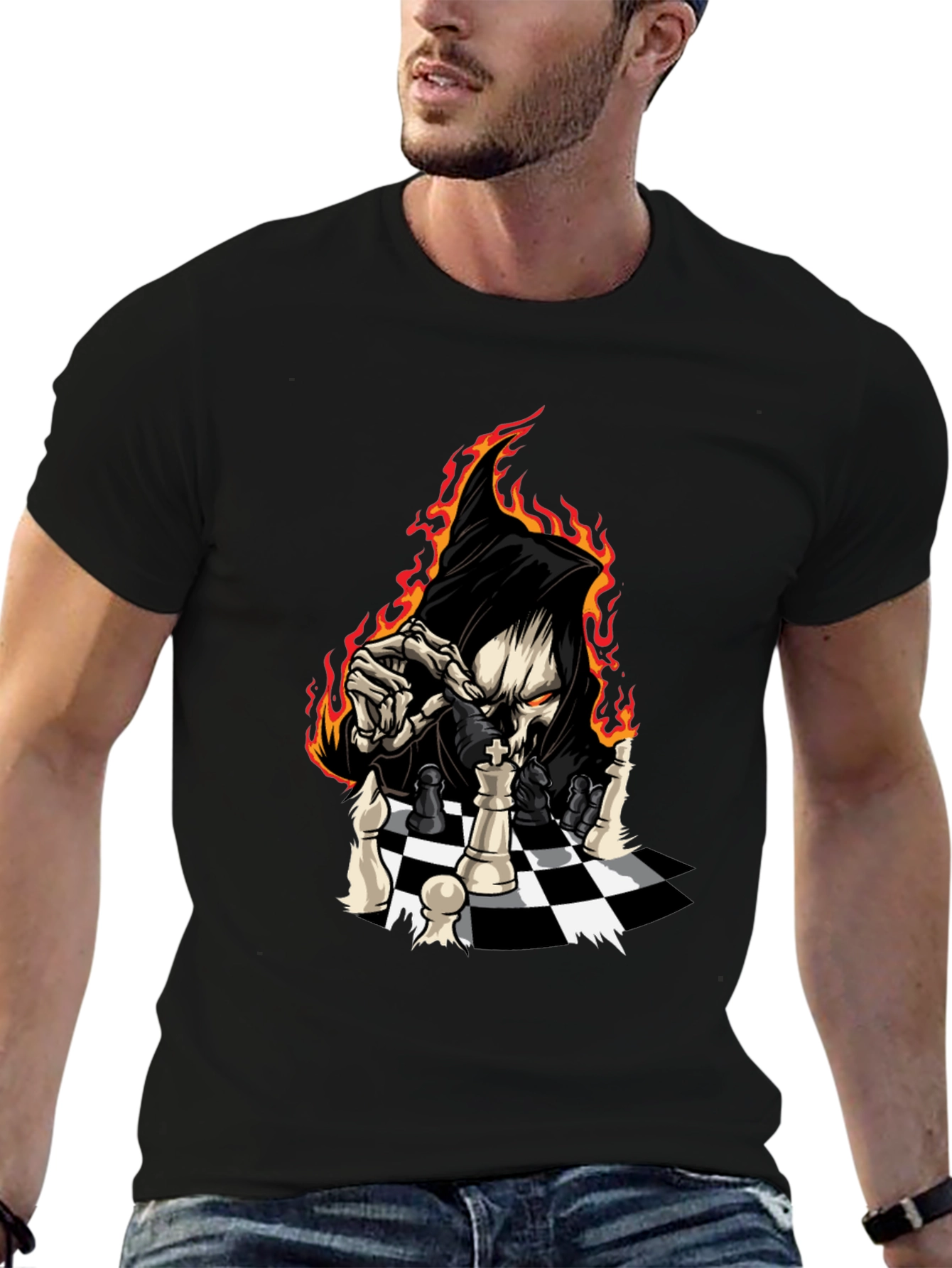 Grim Reaper Chess Graphic Tee - Black Cotton T-Shirt