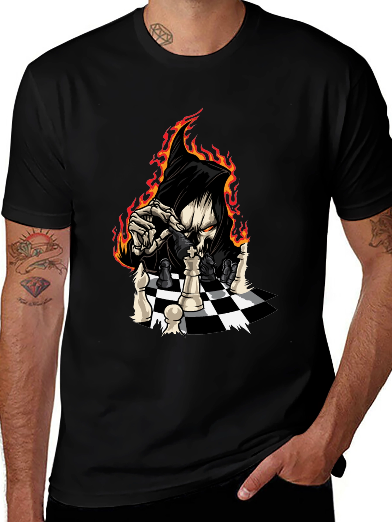 Grim Reaper Chess Graphic Tee - Black Cotton T-Shirt