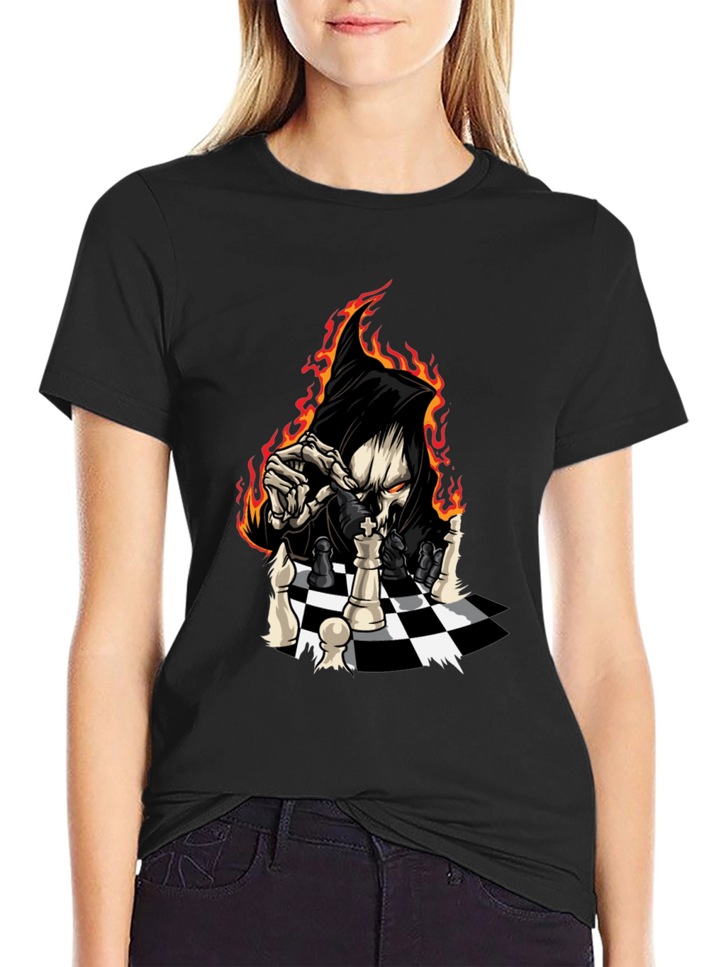 Grim Reaper Chess Graphic Tee - Black Cotton T-Shirt