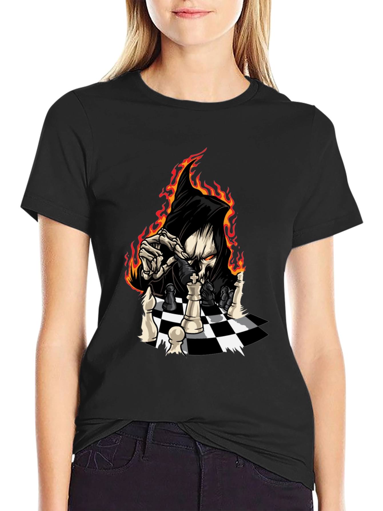 Grim Reaper Chess Graphic Tee - Black Cotton T-Shirt
