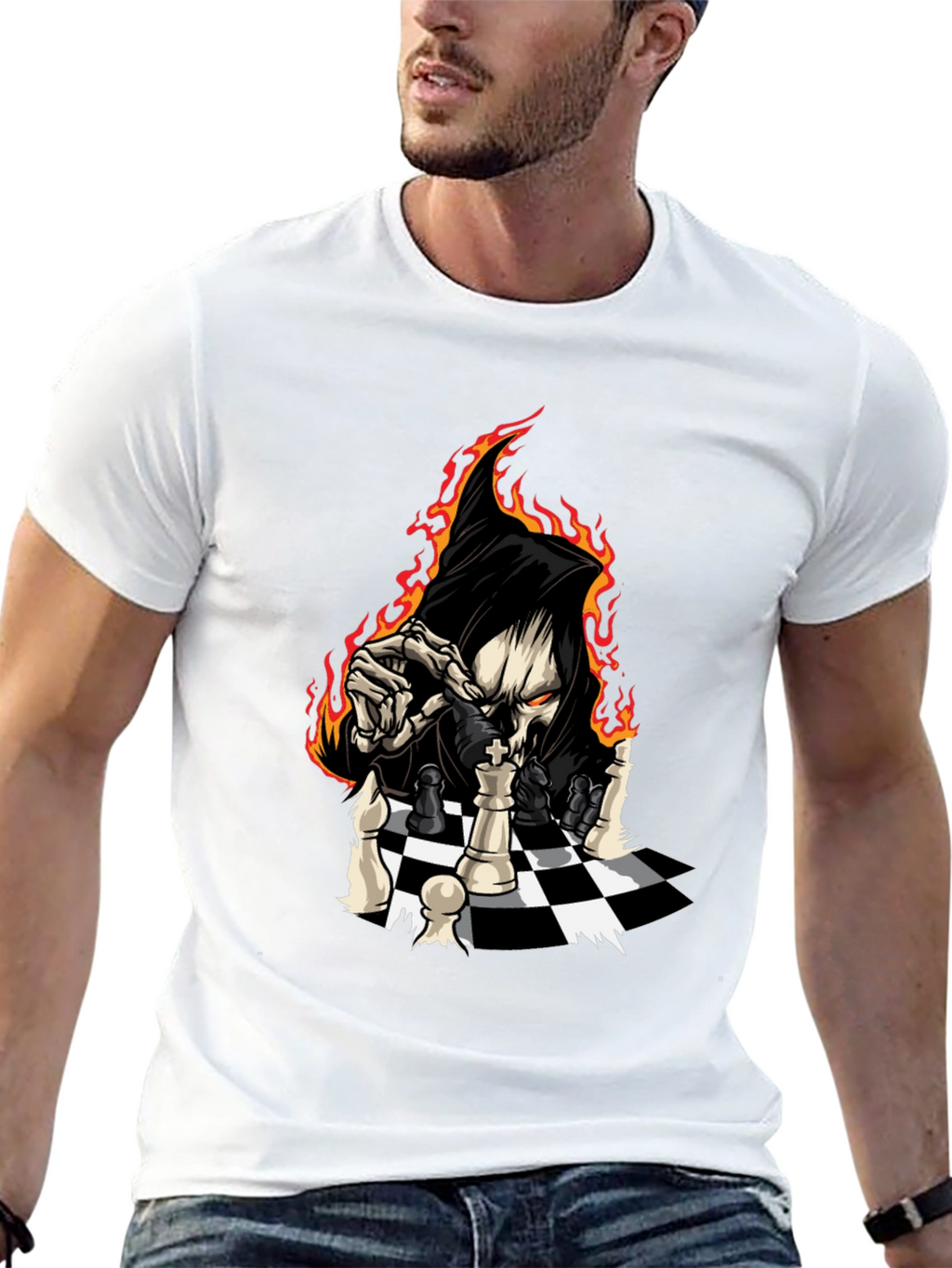 Grim Reaper Chess Graphic Tee - Black Cotton T-Shirt