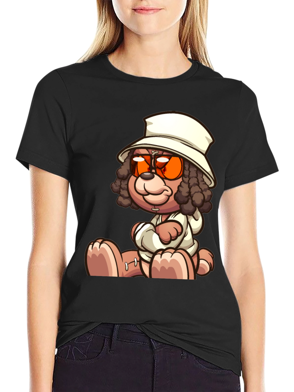 Cartoon Teddy Bear Graphic Black T-Shirt