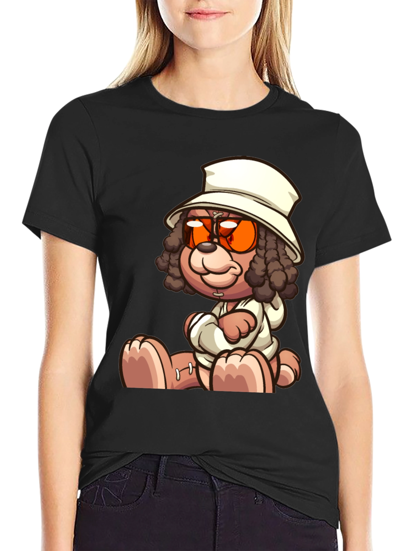 Cartoon Teddy Bear Graphic Black T-Shirt