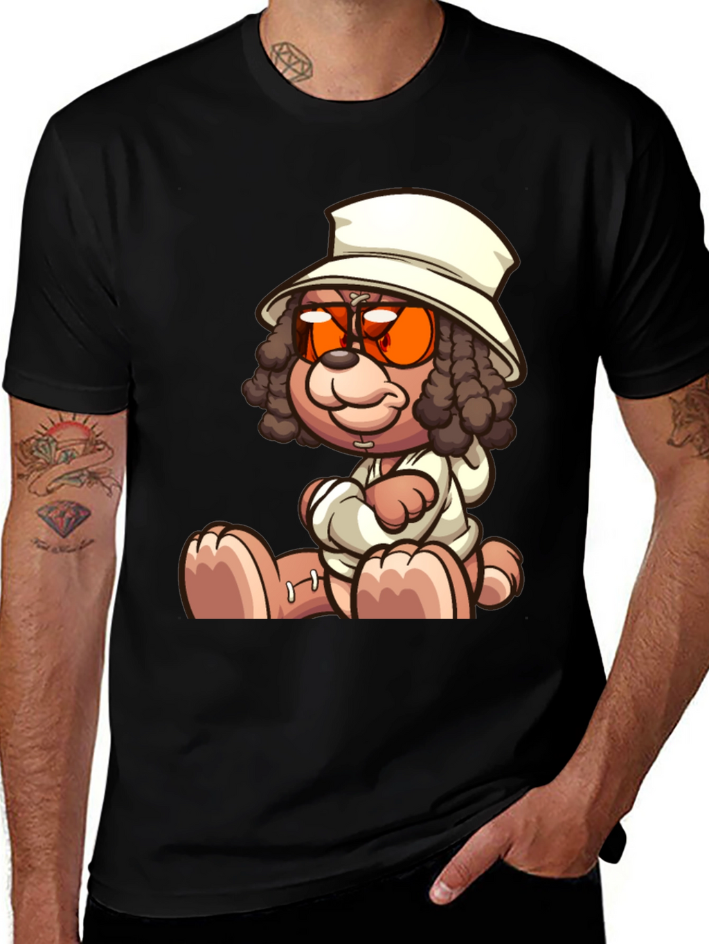Cartoon Teddy Bear Graphic Black T-Shirt