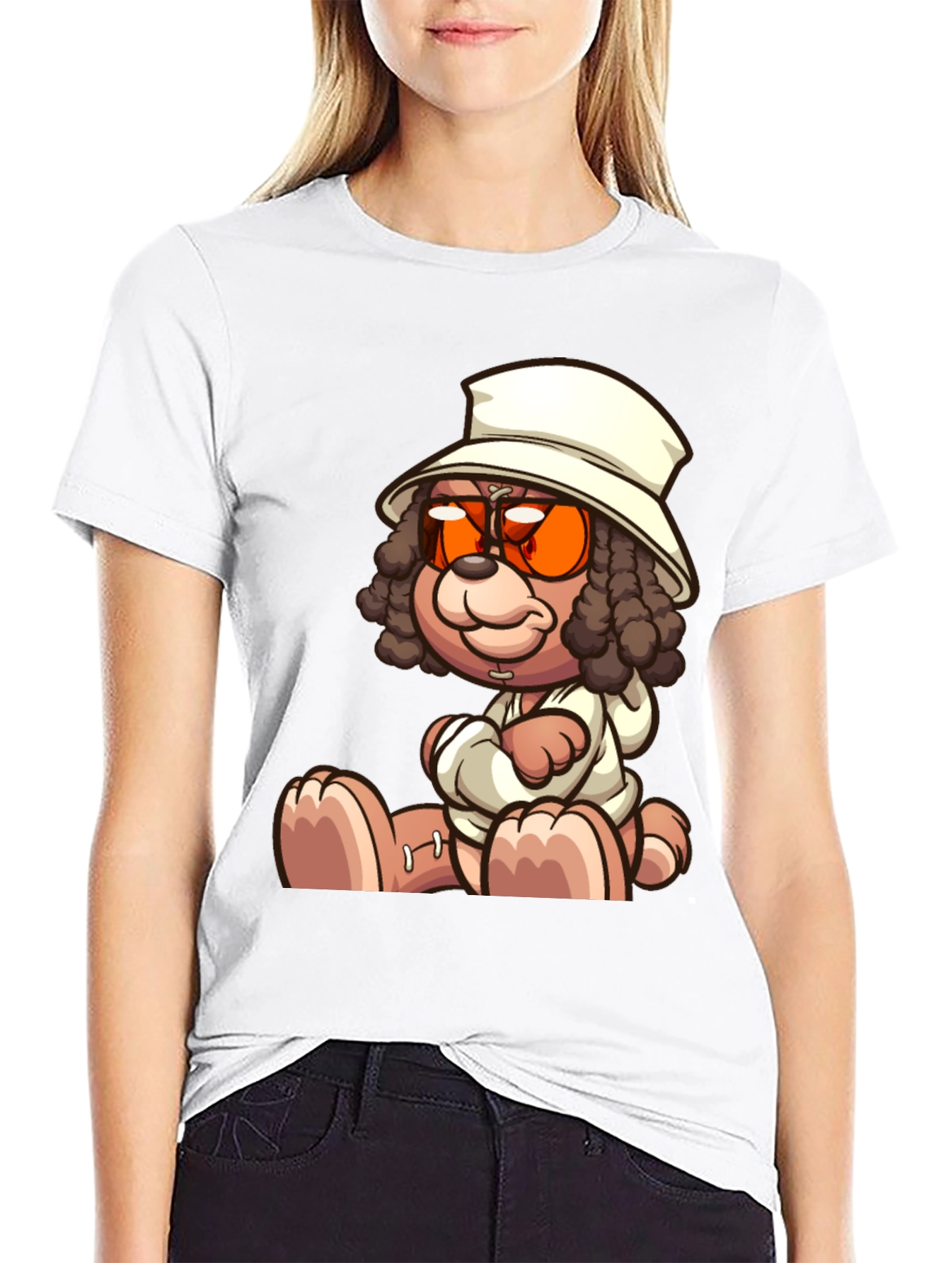 Cartoon Teddy Bear Graphic Black T-Shirt