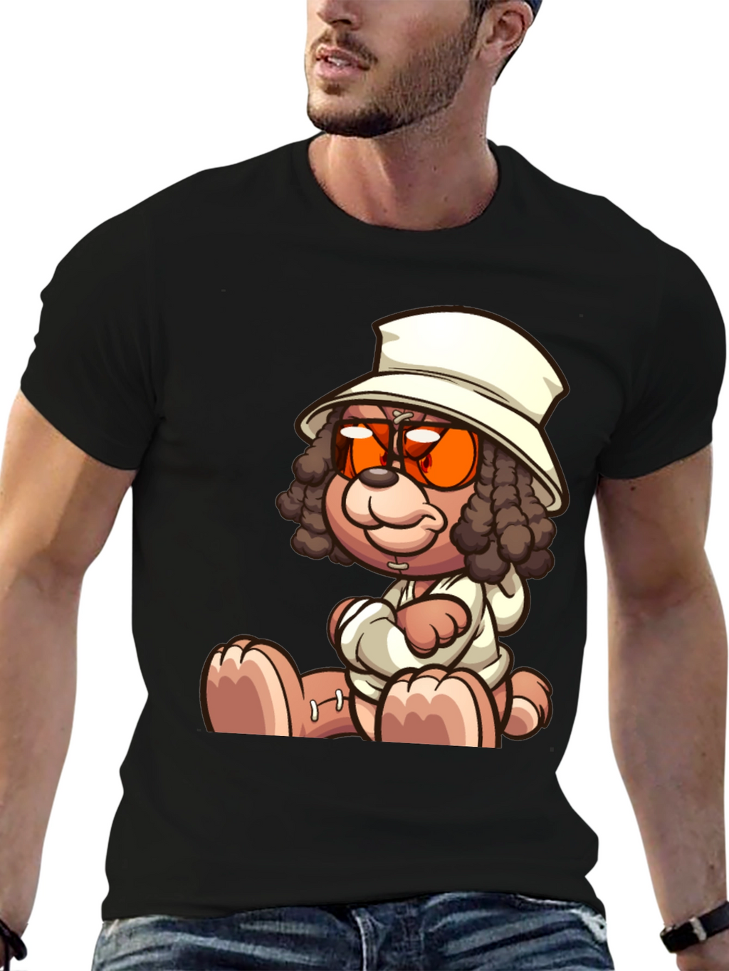 Cartoon Teddy Bear Graphic Black T-Shirt