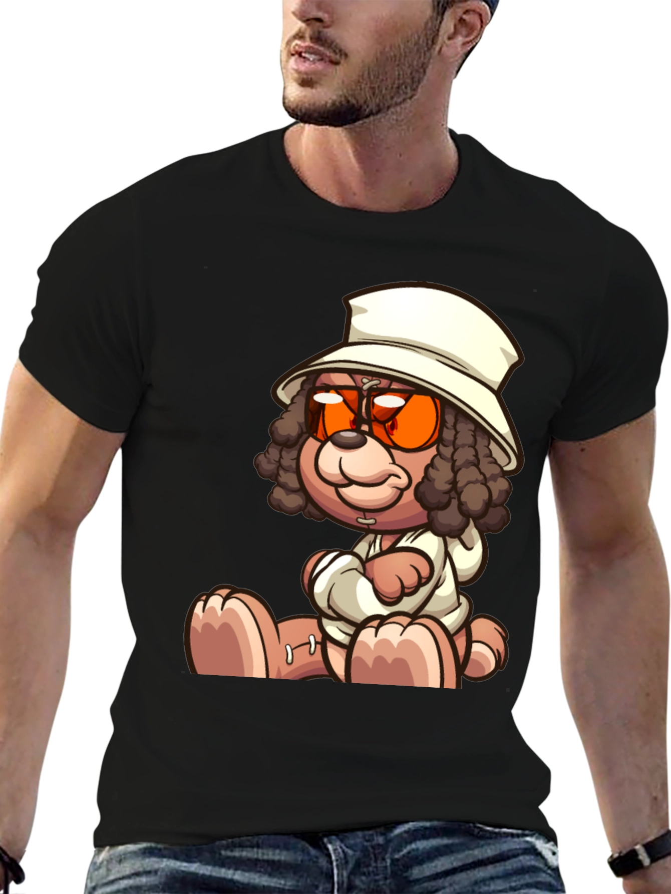 Cartoon Teddy Bear Graphic Black T-Shirt