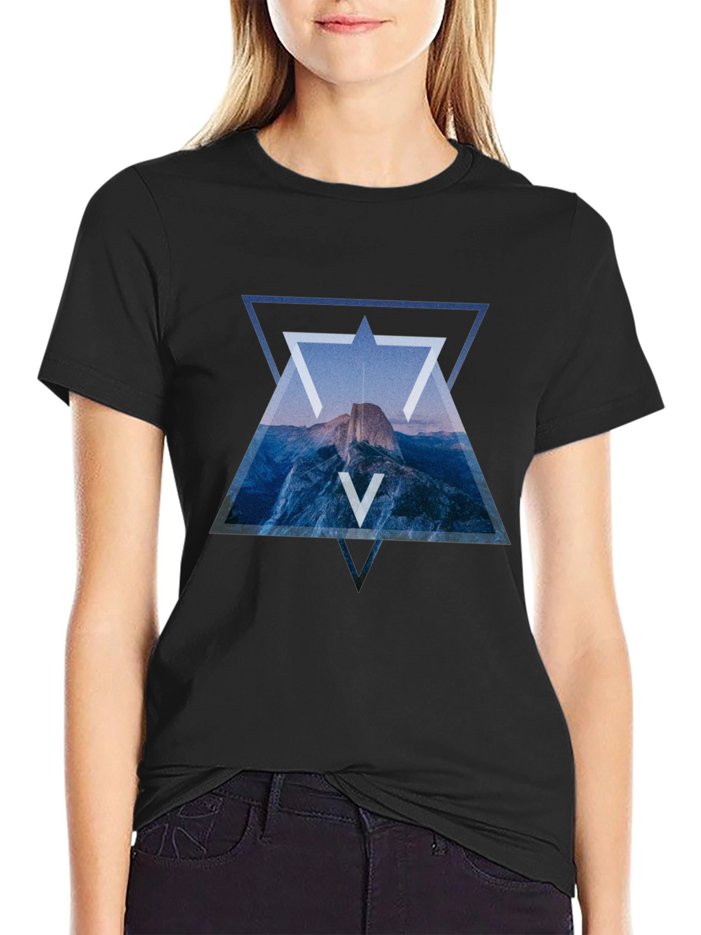 Geometric Mountain Print Black T-Shirt
