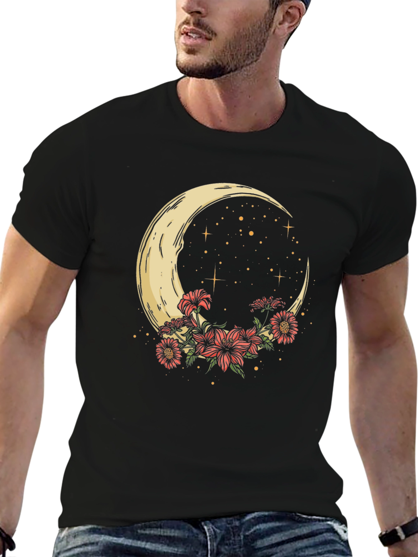 Crescent Moon & Floral Print Black Tee