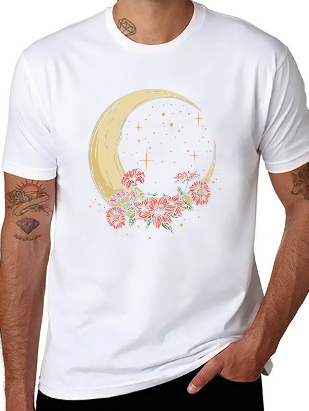 Crescent Moon & Floral Print Black Tee
