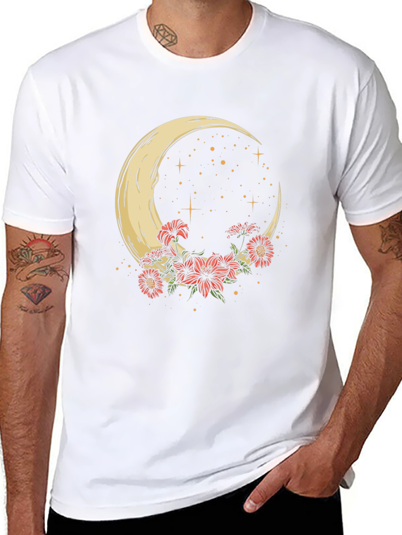 Crescent Moon & Floral Print Black Tee