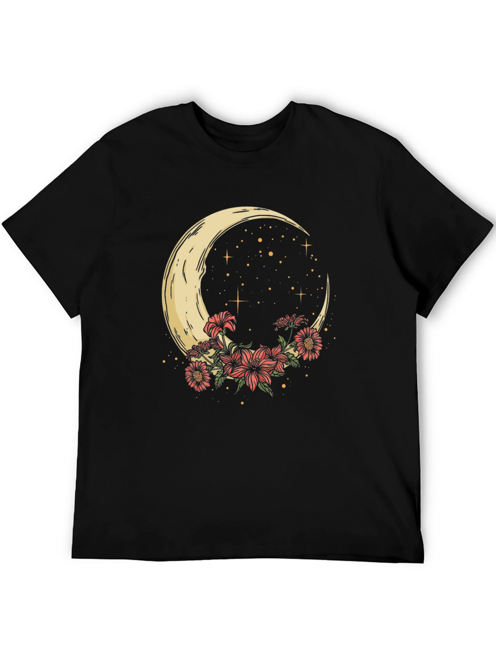 Crescent Moon & Floral Print Black Tee
