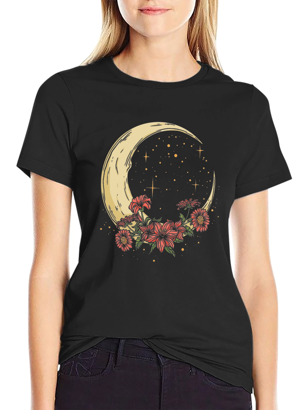 Crescent Moon & Floral Print Black Tee