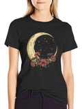 Crescent Moon & Floral Print Black Tee