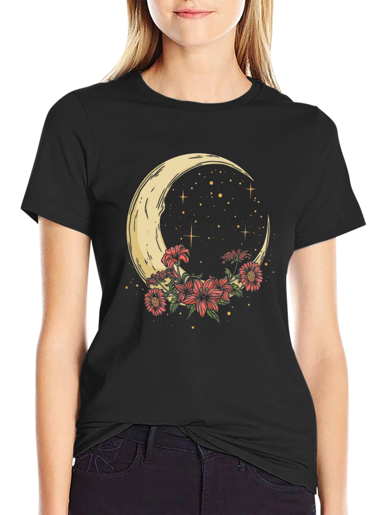 Crescent Moon & Floral Print Black Tee