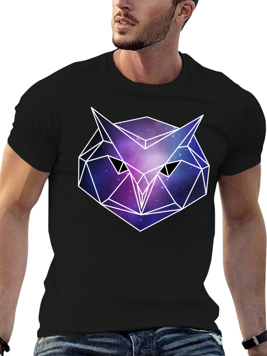 Geometric Owl Galaxy Print Black T-Shirt