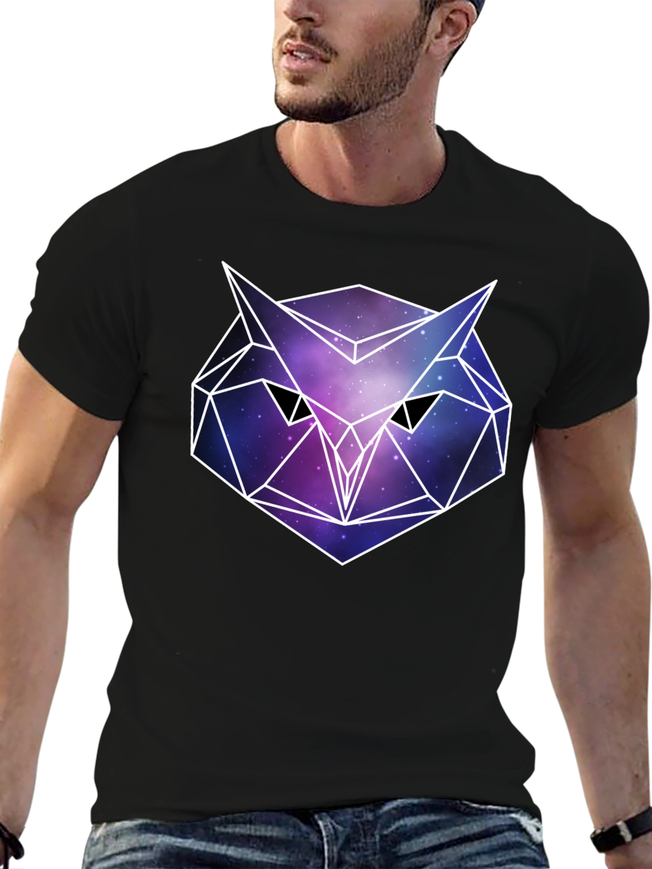 Geometric Owl Galaxy Print Black T-Shirt