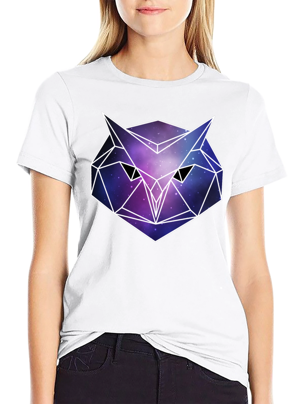 Geometric Owl Galaxy Print Black T-Shirt