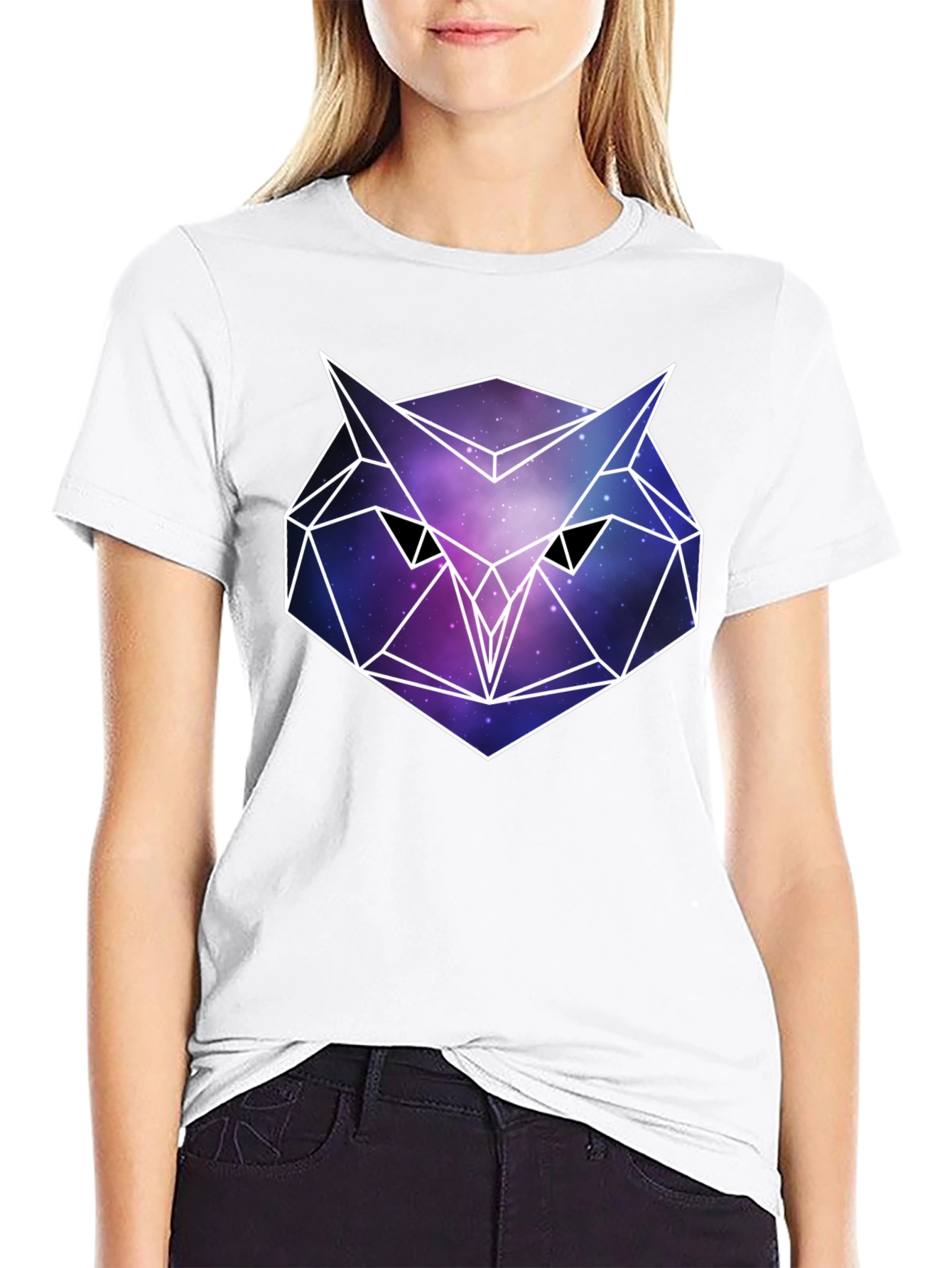 Geometric Owl Galaxy Print Black T-Shirt