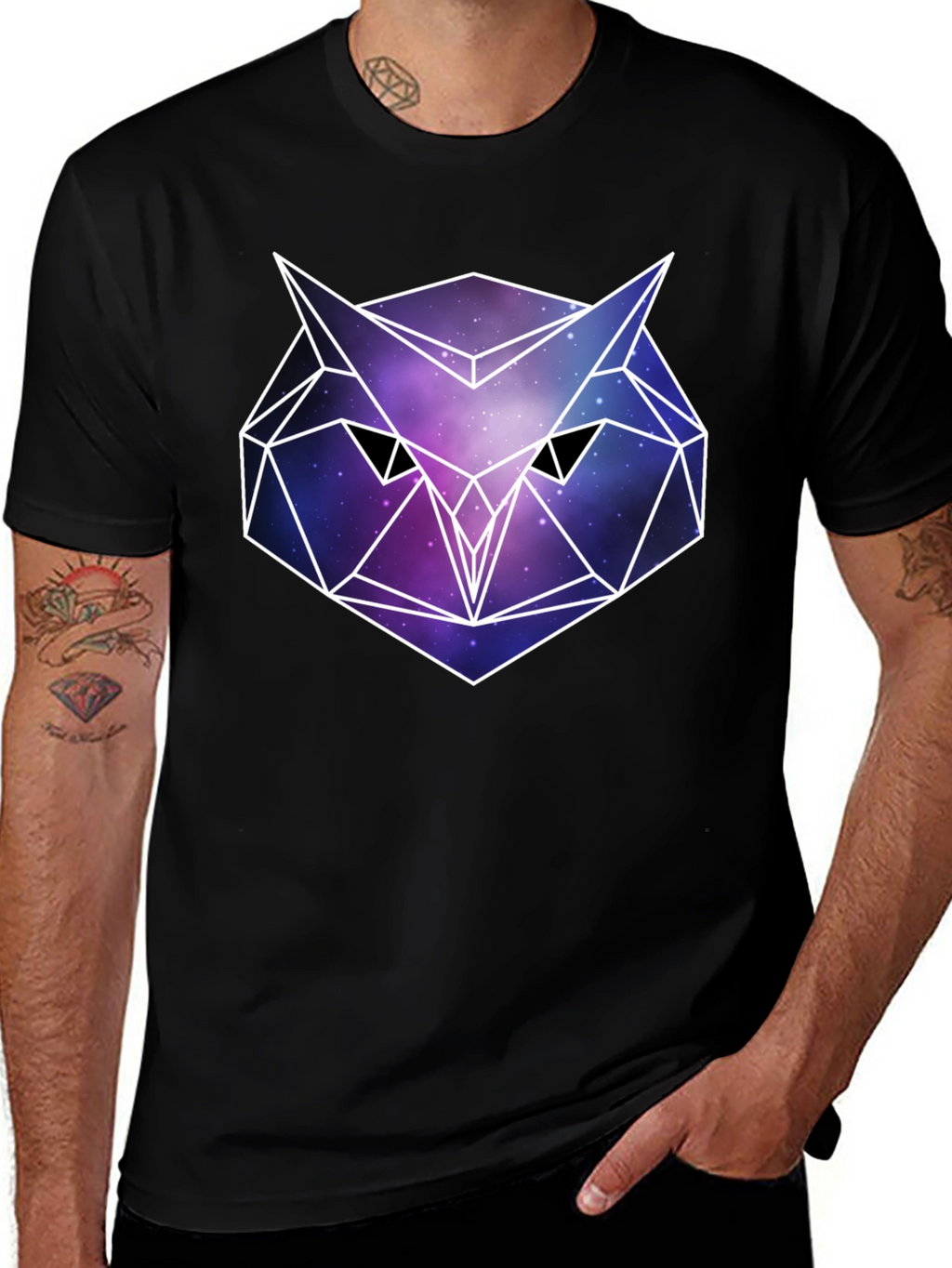 Geometric Owl Galaxy Print Black T-Shirt