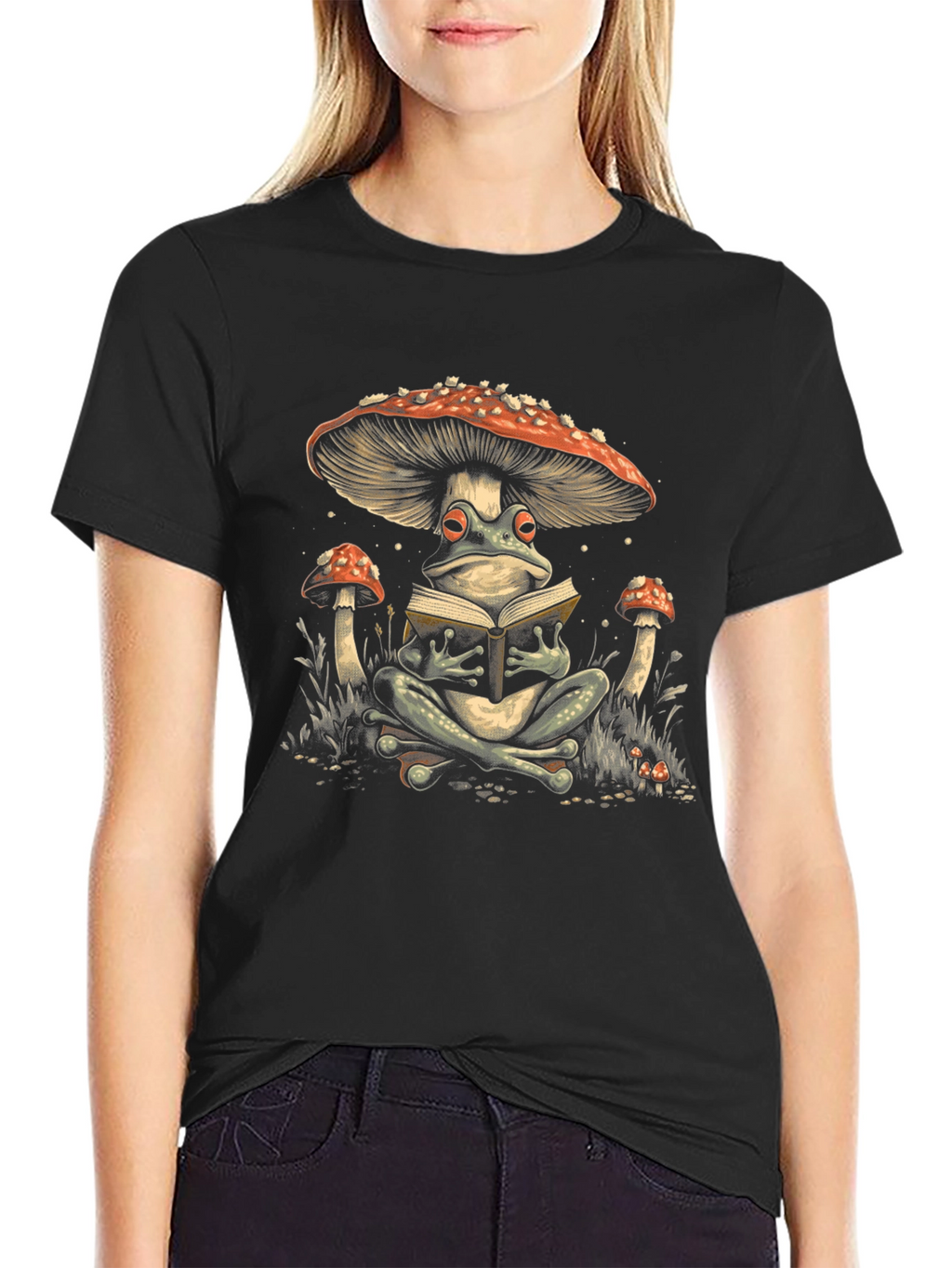 Frog Reading Under Mushroom Tee