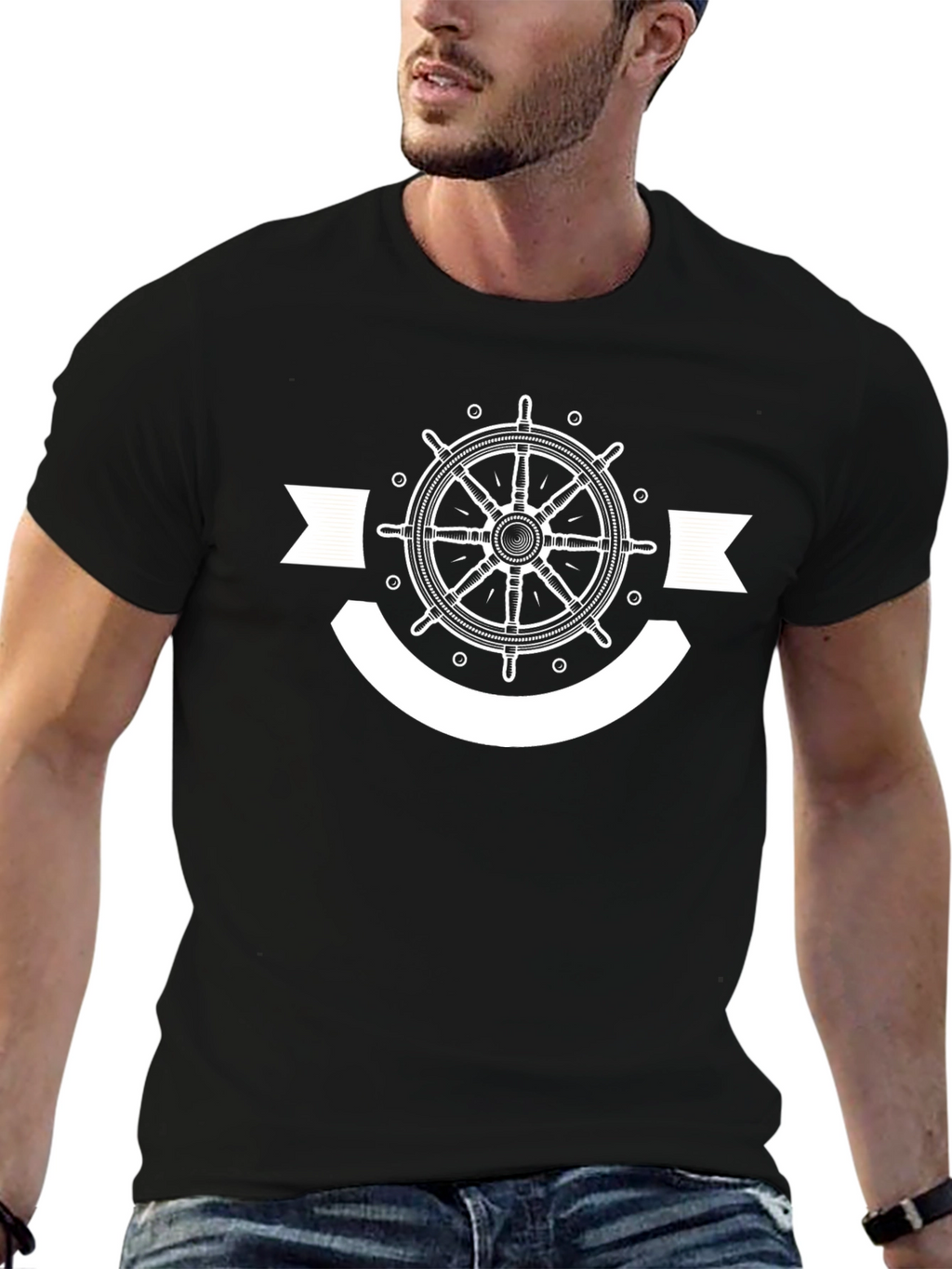 Nautical Wheel Graphic T-Shirt - Black Cotton Tee