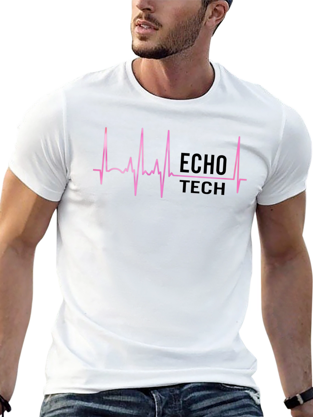 Echo Tech Pink ECG Heartbeat Black T-Shirt