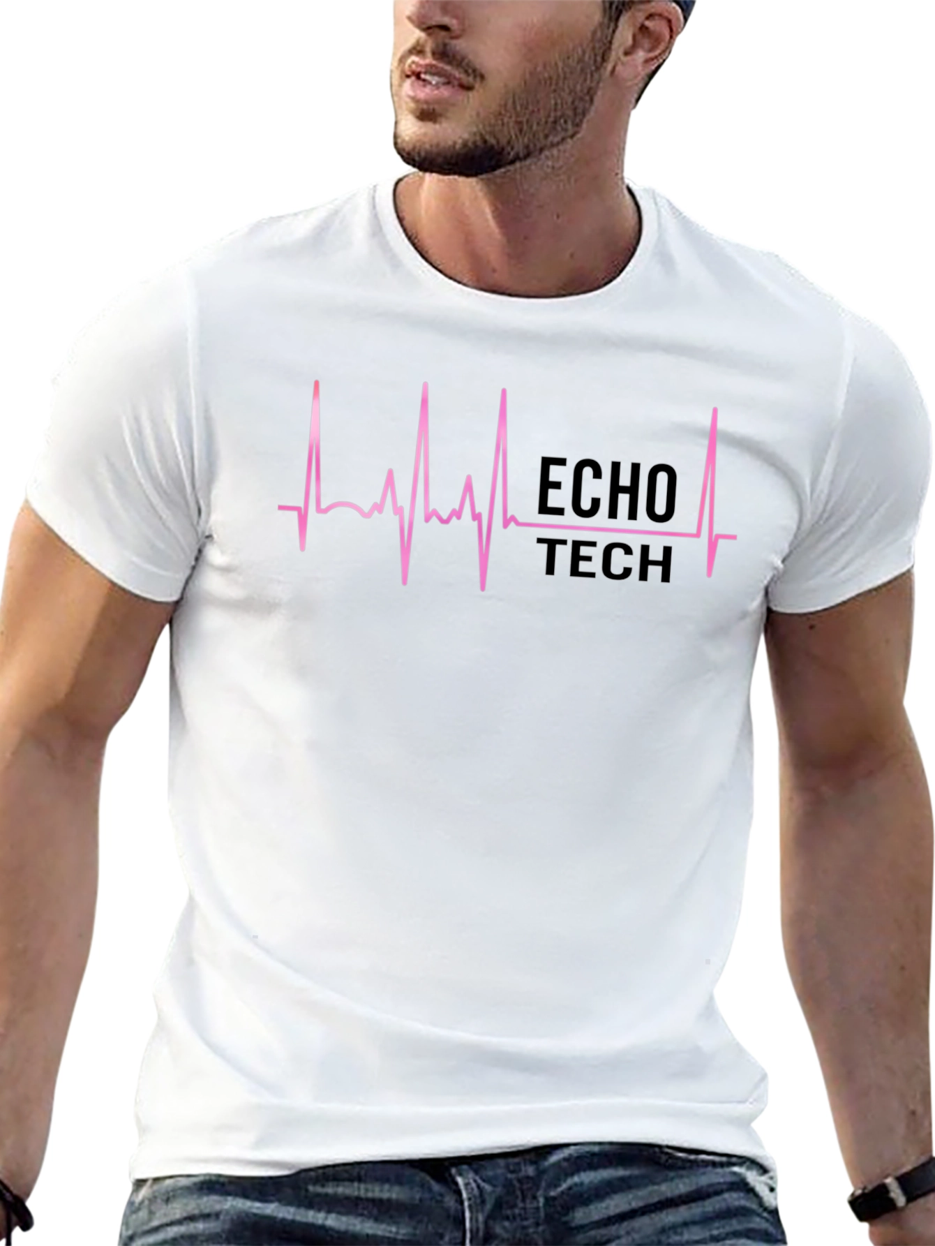 Echo Tech Pink ECG Heartbeat Black T-Shirt
