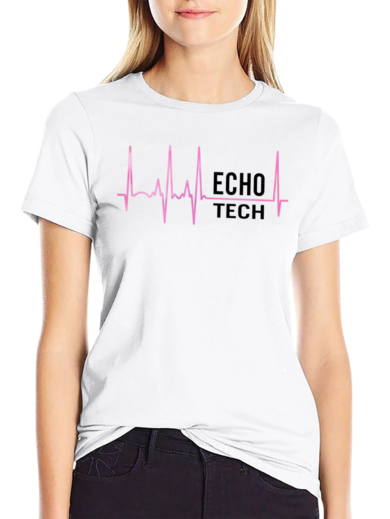 Echo Tech Pink ECG Heartbeat Black T-Shirt