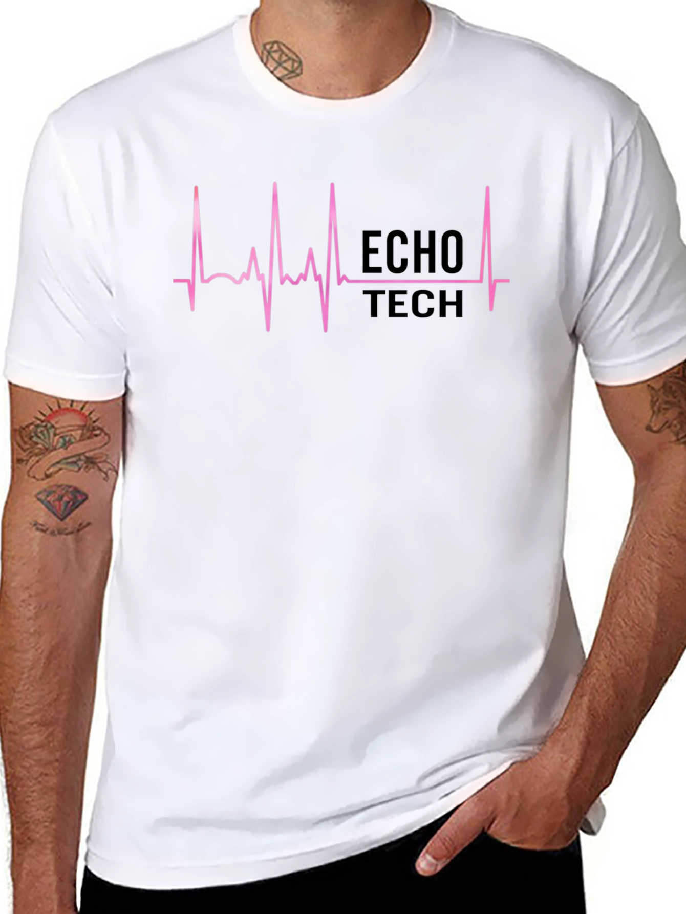 Echo Tech Pink ECG Heartbeat Black T-Shirt