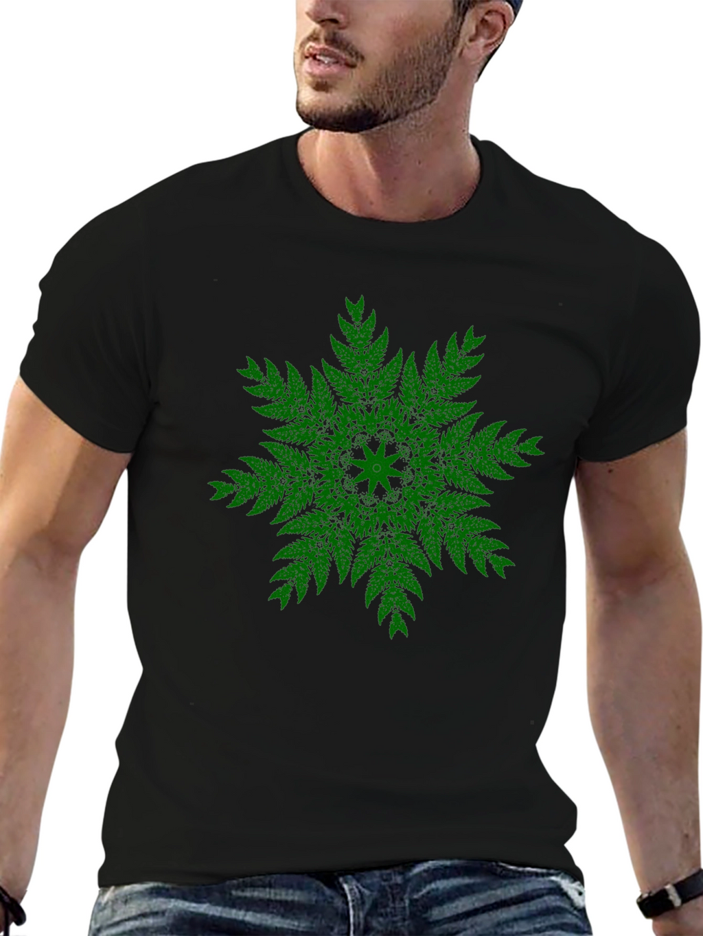 Green Fern Mandala Black T-Shirt - Unique Design