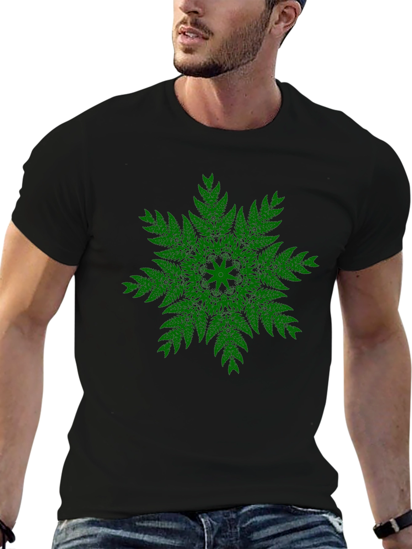 Green Fern Mandala Black T-Shirt - Unique Design