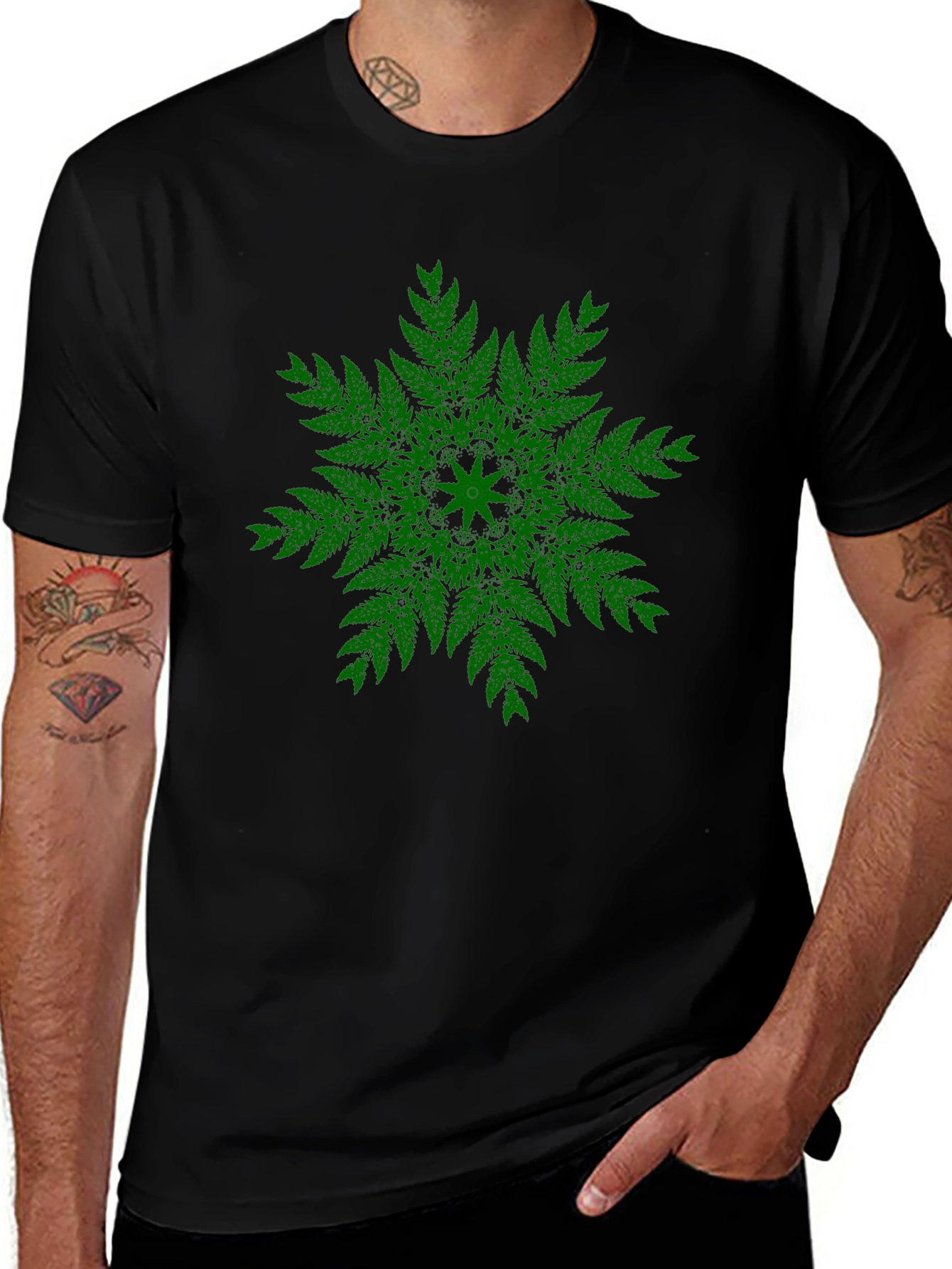 Green Fern Mandala Black T-Shirt - Unique Design