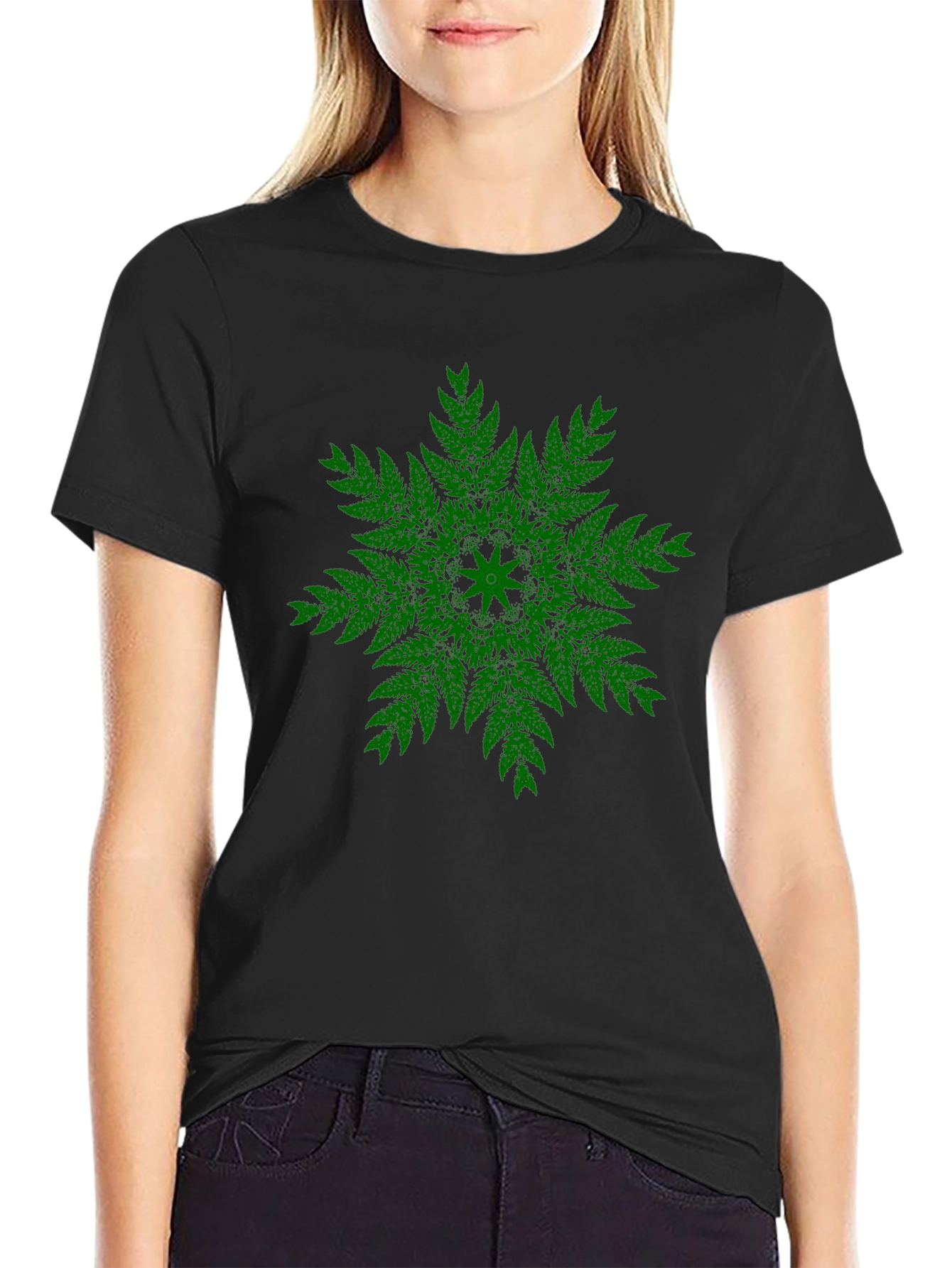 Green Fern Mandala Black T-Shirt - Unique Design