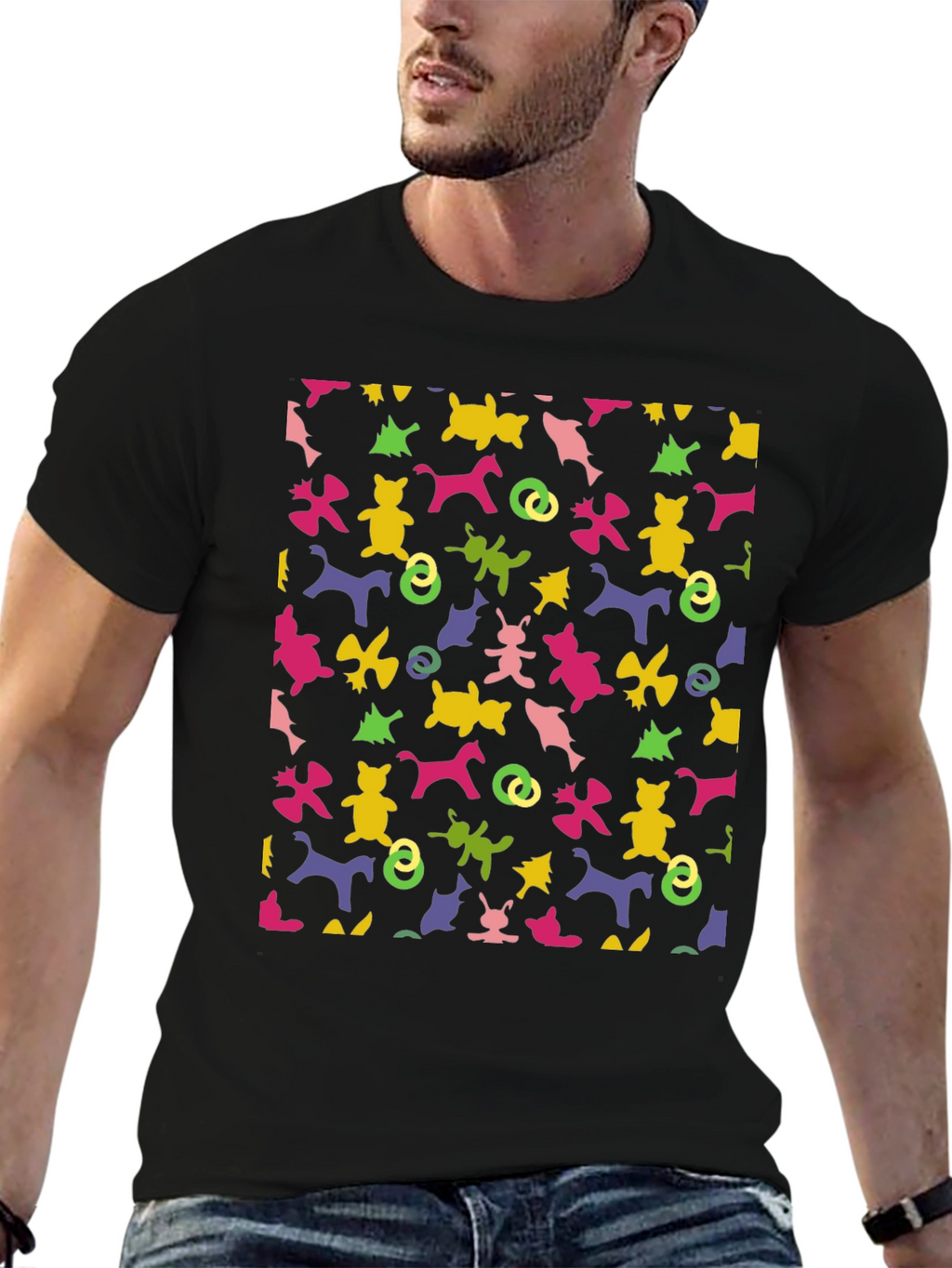 Novelty Pattern Tee: Fun Animal Print Black T-Shirt