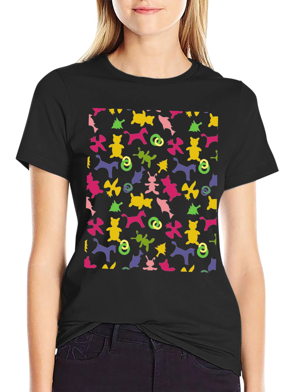 Novelty Pattern Tee: Fun Animal Print Black T-Shirt