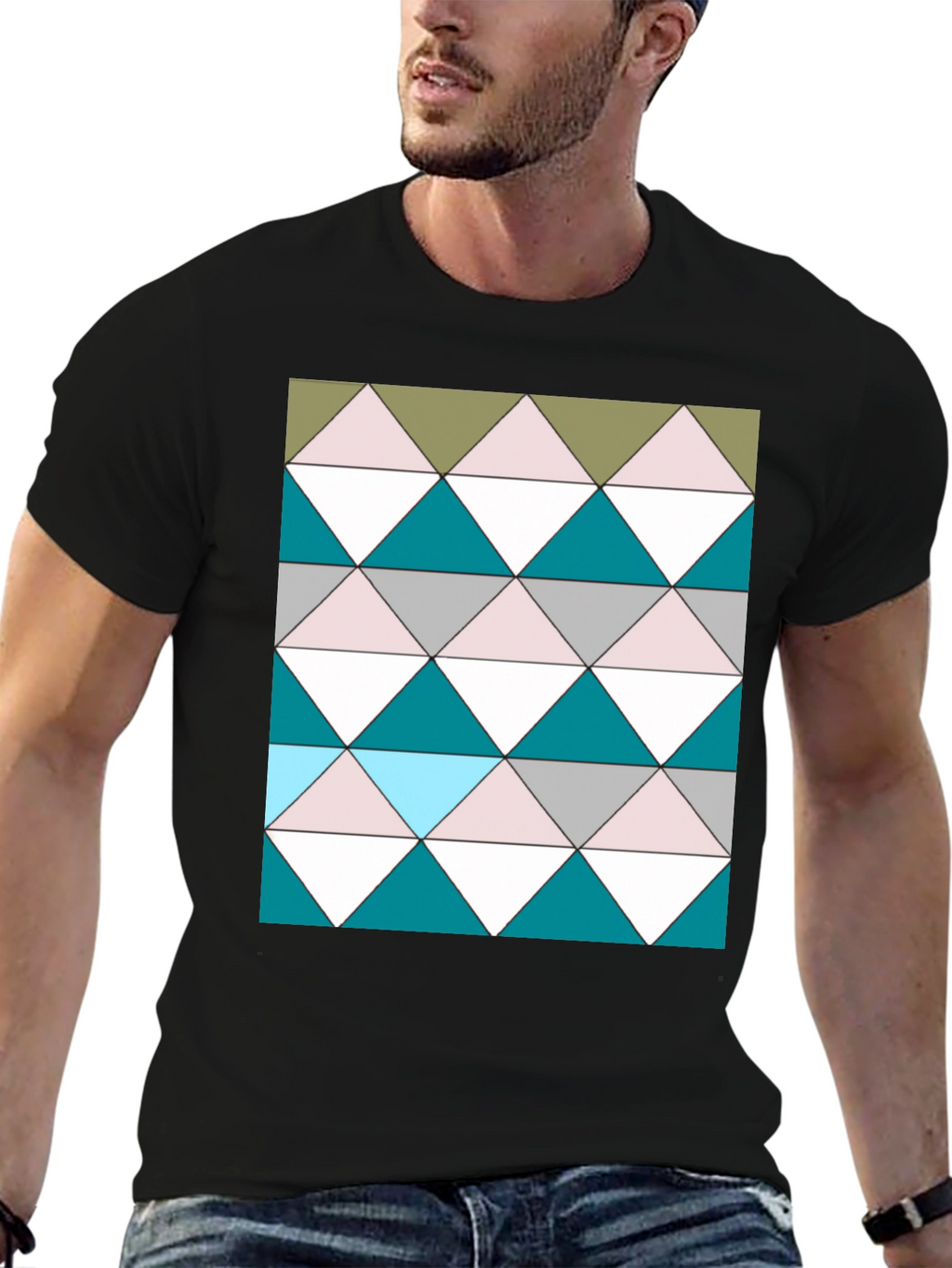 Geometric Triangle Pattern Black T-Shirt