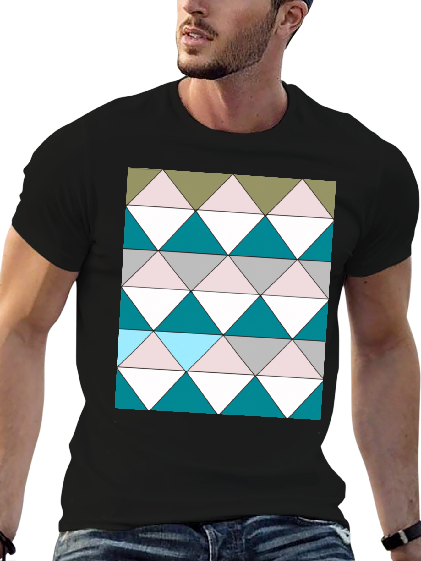 Geometric Triangle Pattern Black T-Shirt