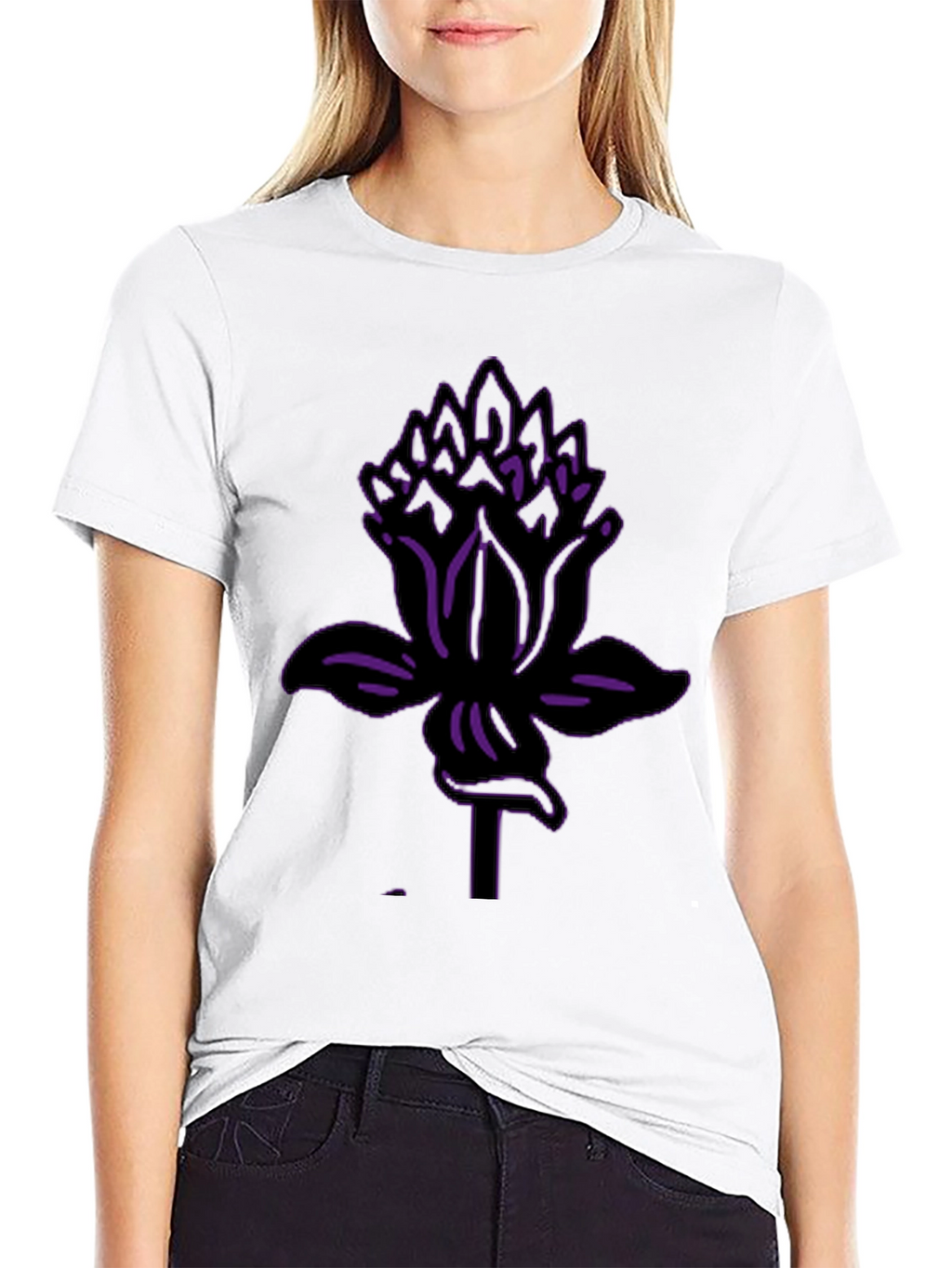 Black Tee with Purple Lotus Flower Graphic